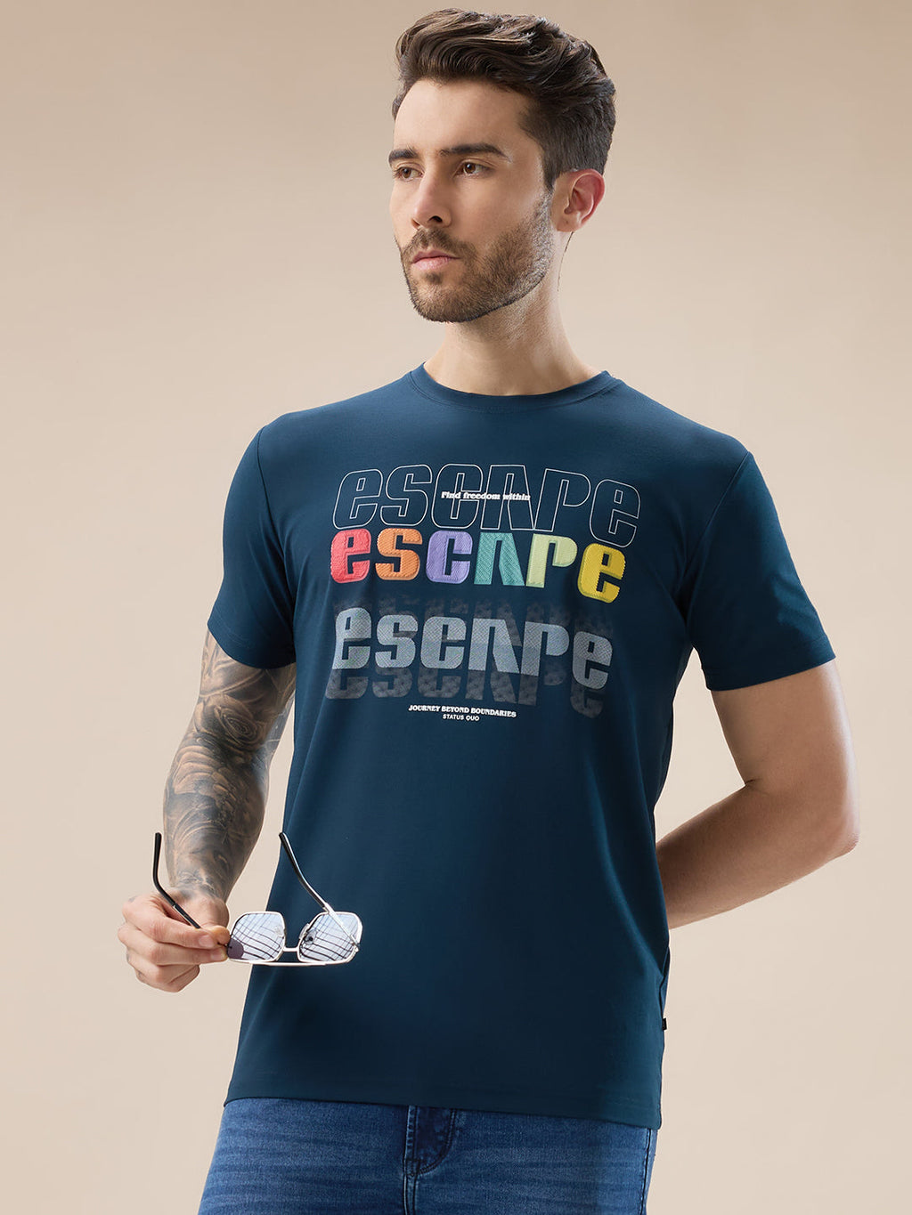 Men's Chest Typography Print Round Neck Half Sleeves Regular Fit T-Shirt