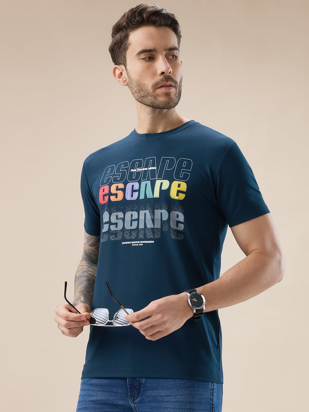 Men's Chest Typography Print Round Neck Half Sleeves Regular Fit T-Shirt