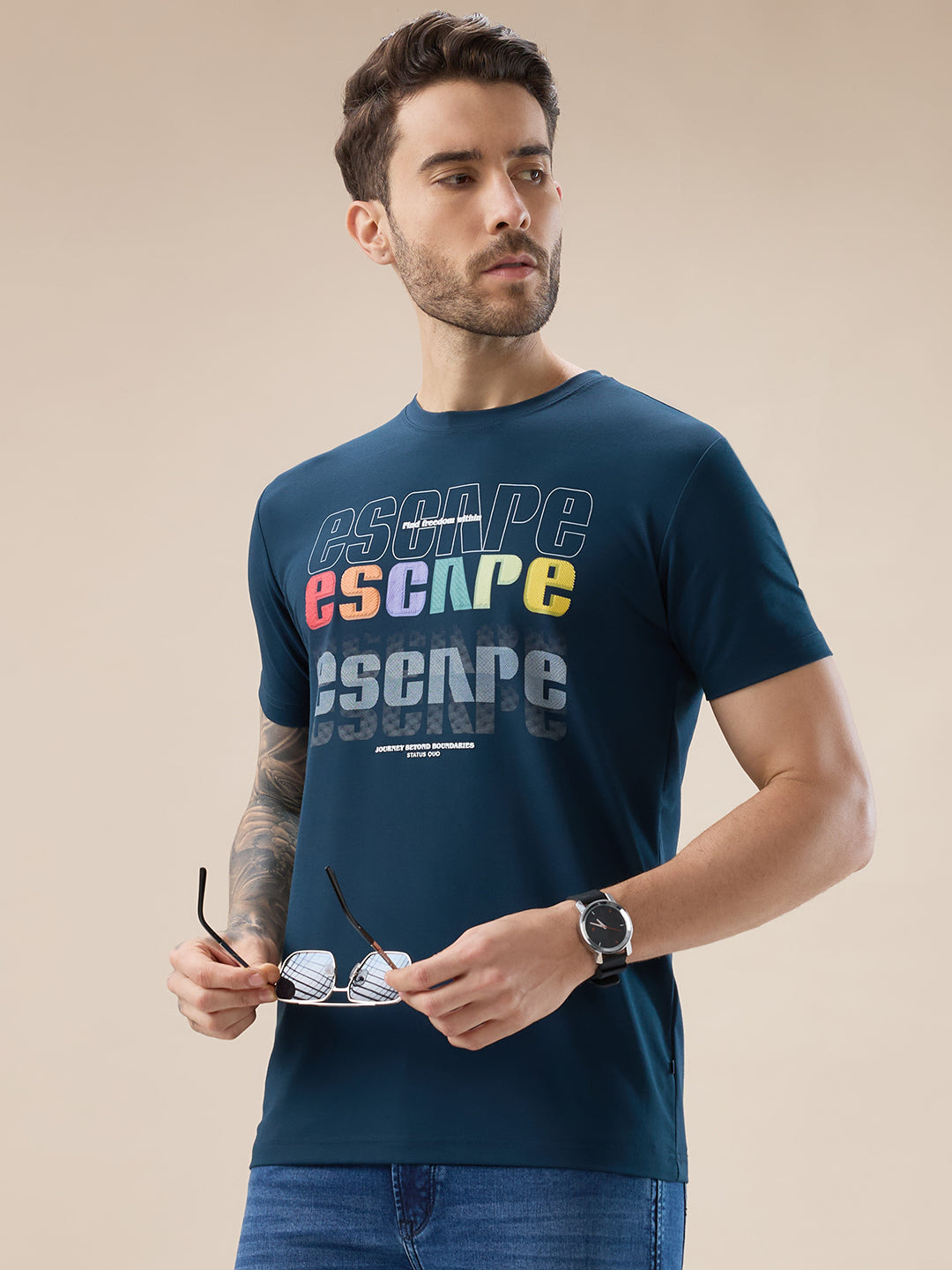Men's Chest Typography Print Round Neck Half Sleeves Regular Fit T-Shirt