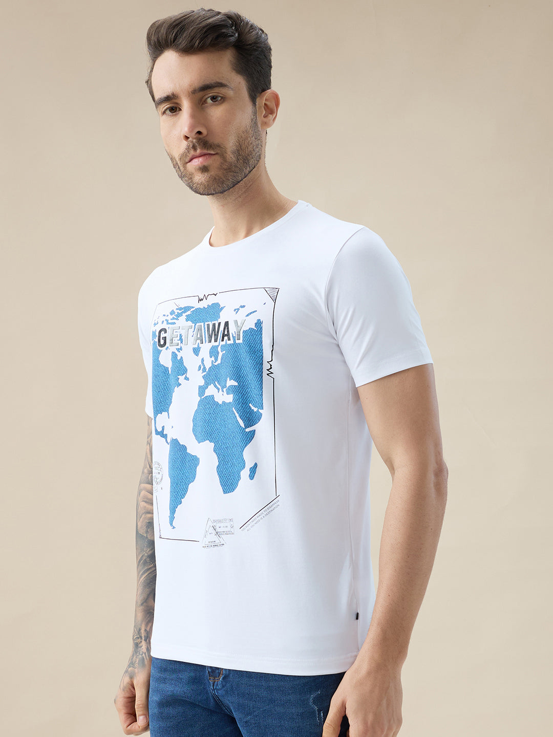 Men's Round Neck Half Sleeve T-Shirt with Chest Graphic Typography Print Secondary image