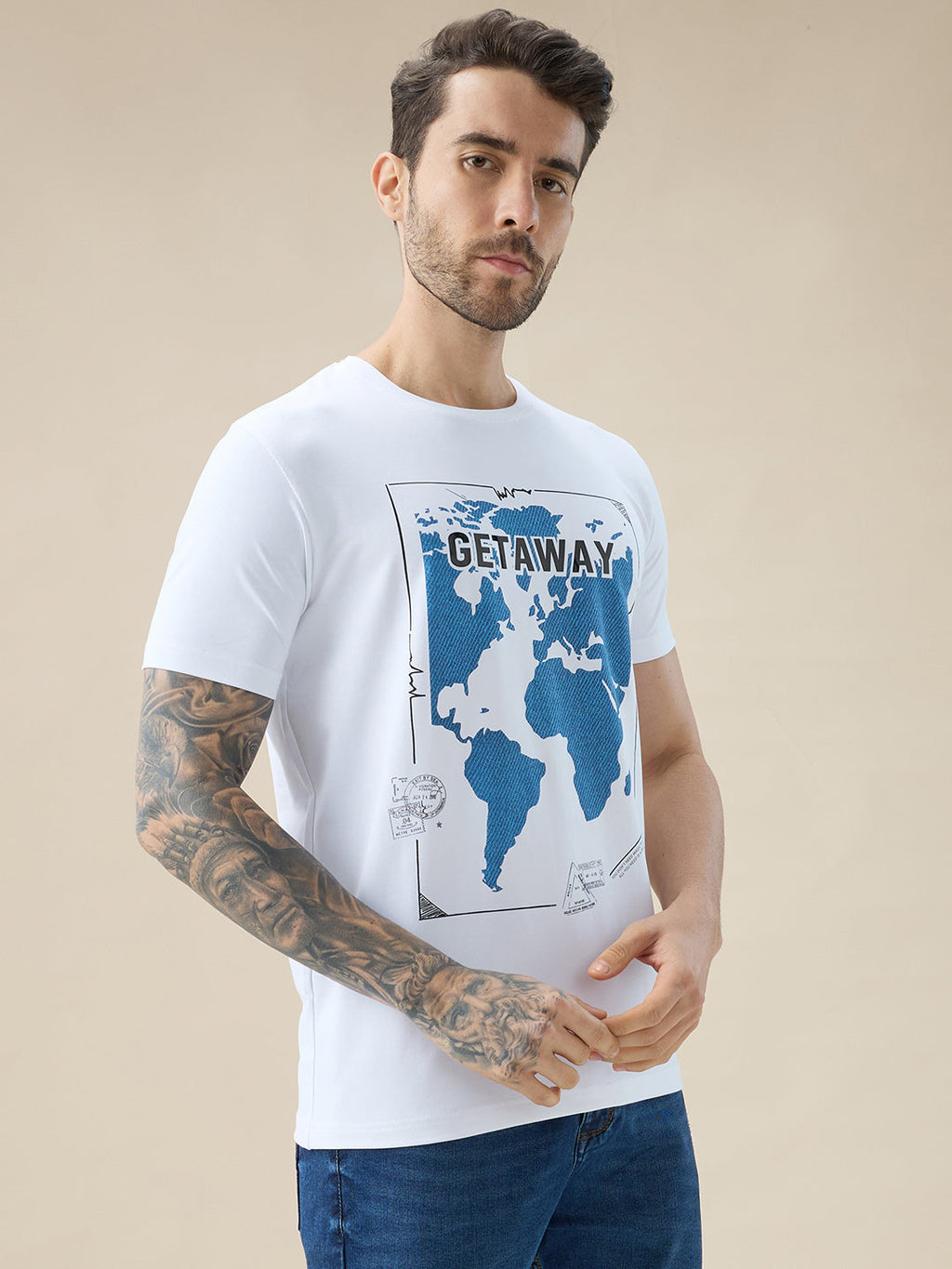 Men's Round Neck Half Sleeve T-Shirt with Chest Graphic Typography Print