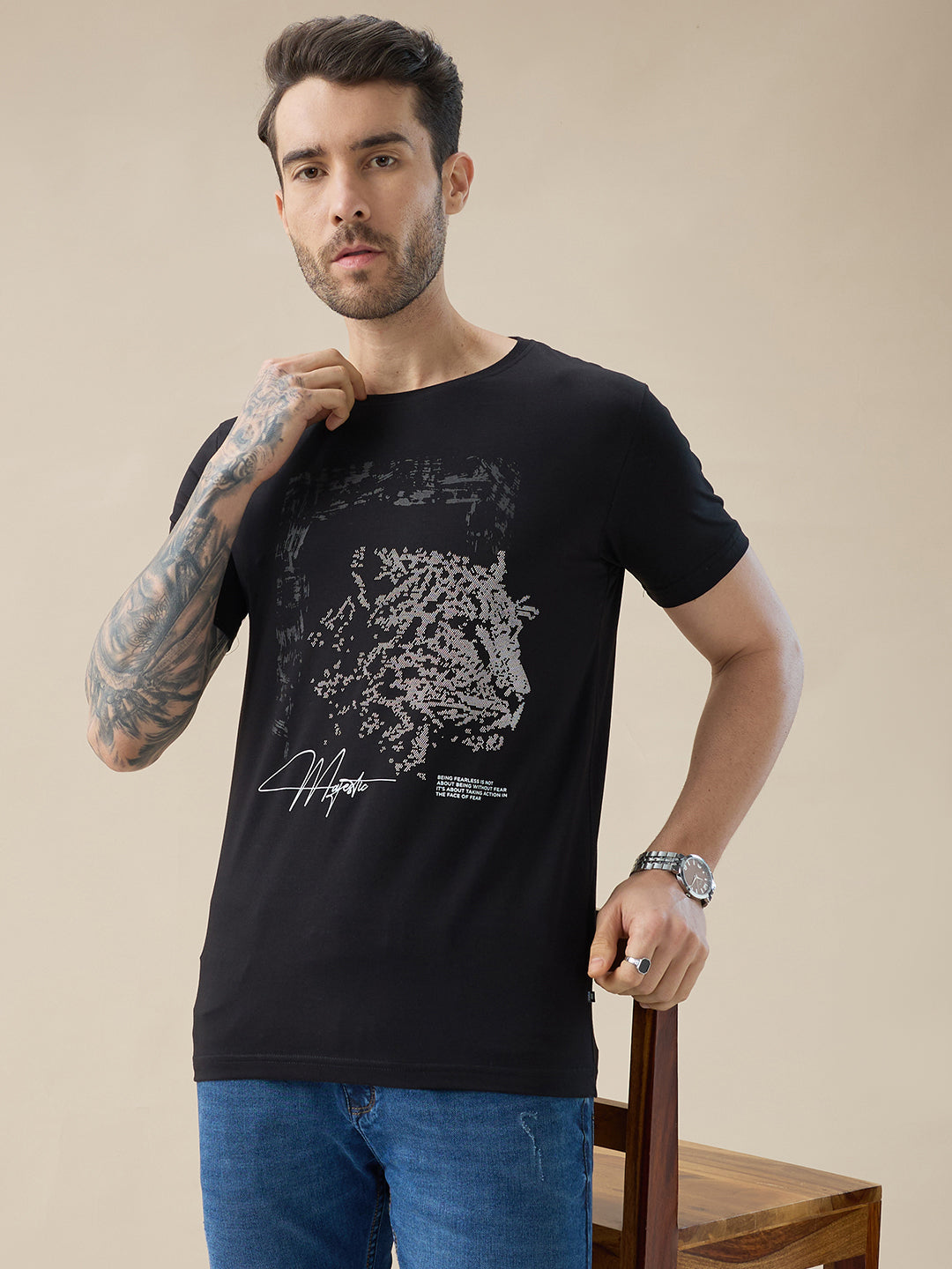 Men's Chest Rubberized Graphic Print Round Neck Half Sleeve Regular Fit T-Shirt