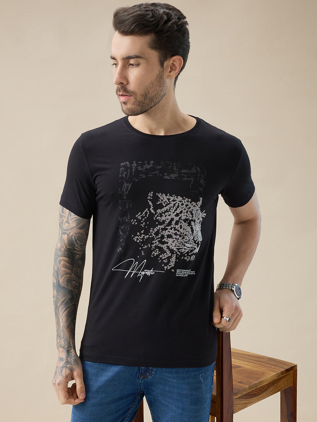 Men's Chest Rubberized Graphic Print Round Neck Half Sleeve Regular Fit T-Shirt