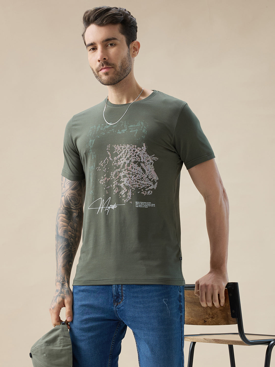 Men's Chest Rubberized Graphic Print Round Neck Half Sleeve Regular Fit T-Shirt