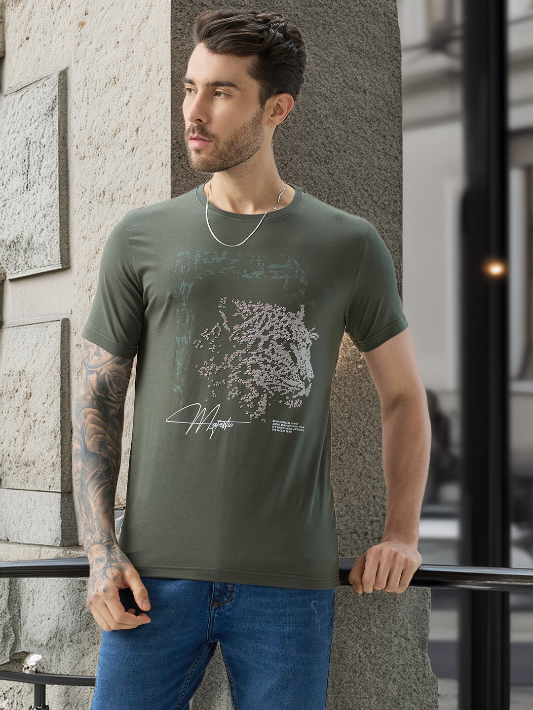 Men's Chest Rubberized Graphic Print Round Neck Half Sleeve Regular Fit T-Shirt