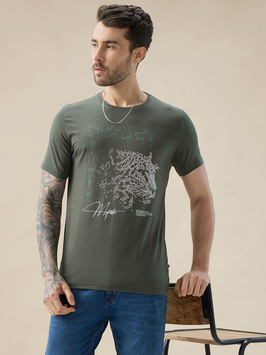 Men's Chest Rubberized Graphic Print Round Neck Half Sleeve Regular Fit T-Shirt