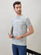 Mens Textured Typography Print Round Neck Regular Fit Half Sleeve T-Shirt