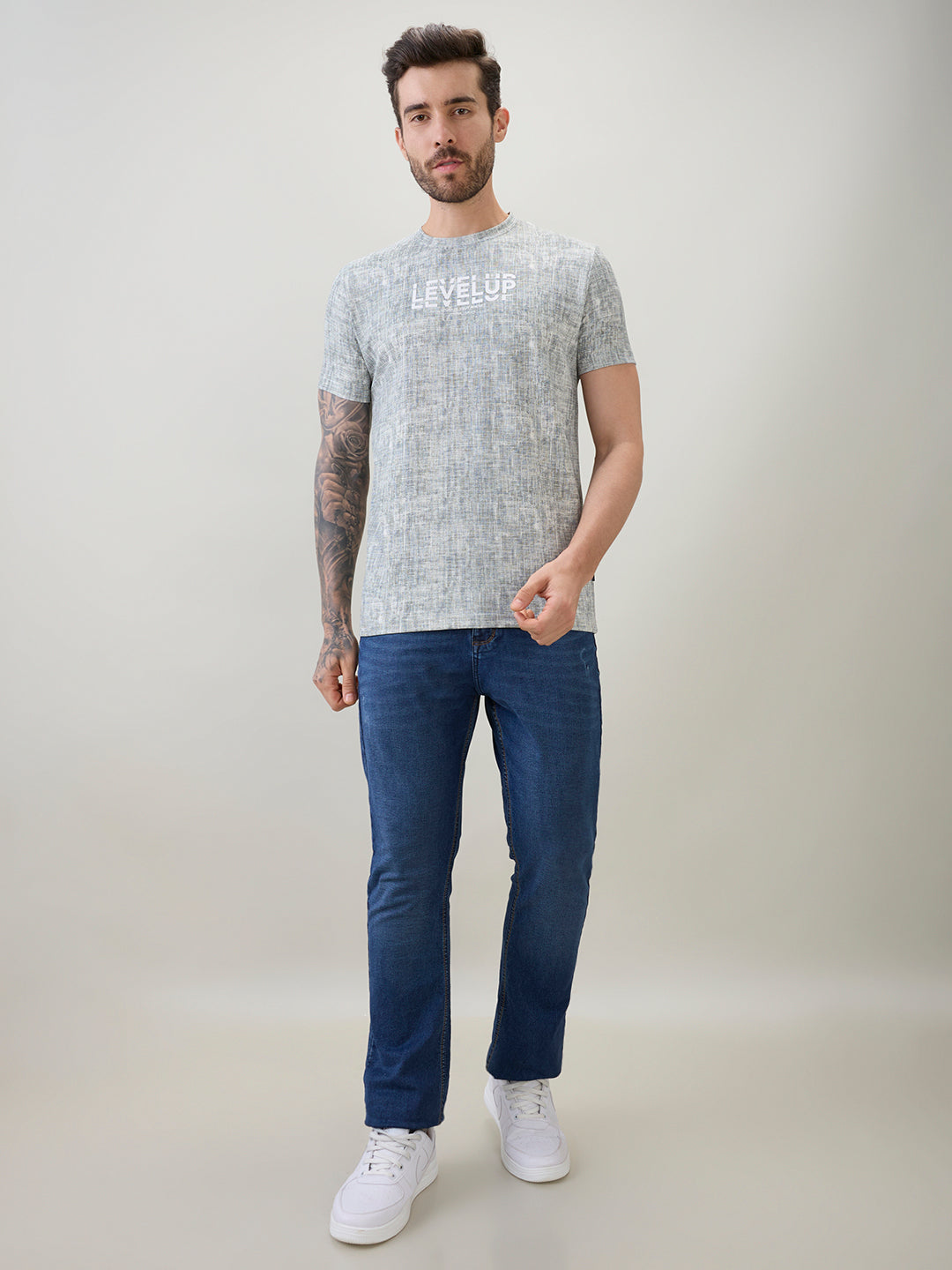 Mens Textured Typography Print Round Neck Regular Fit Half Sleeve T-Shirt