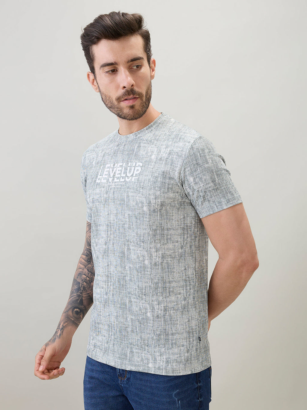 Mens Textured Typography Print Round Neck Regular Fit Half Sleeve T-Shirt