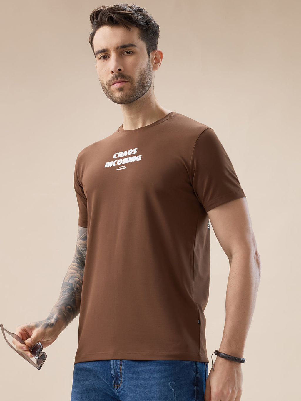 Men's Chest & Back Typography Print Round Neck Half Sleeves Regular Fit T-Shirt