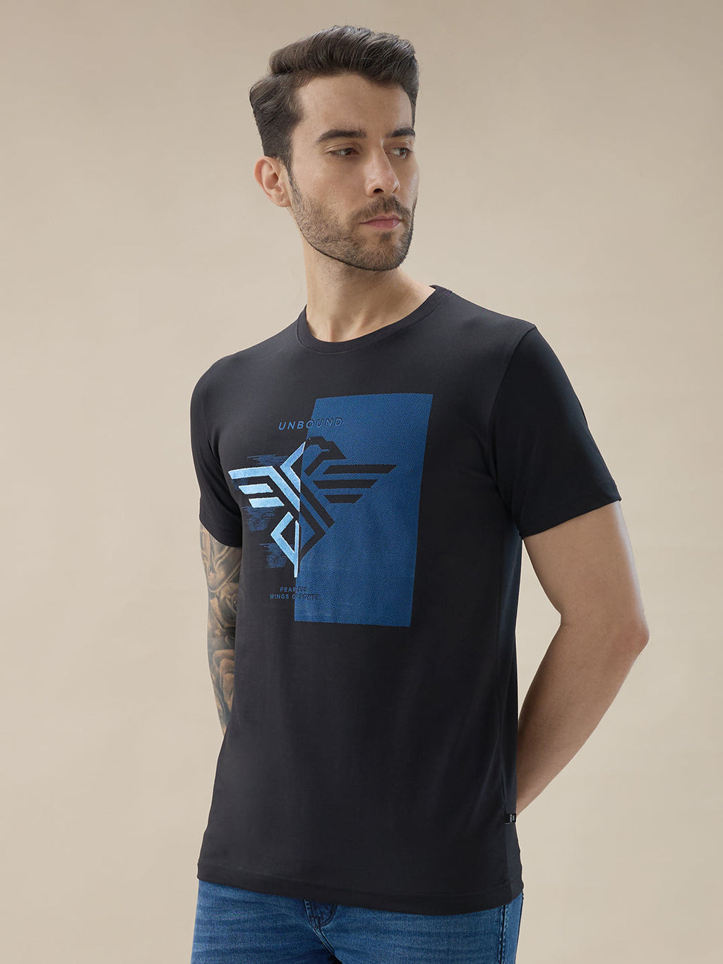 Men's Chest Brand Logo Graphic Print Round Neck Half Sleeve Regular Fit T-Shirt