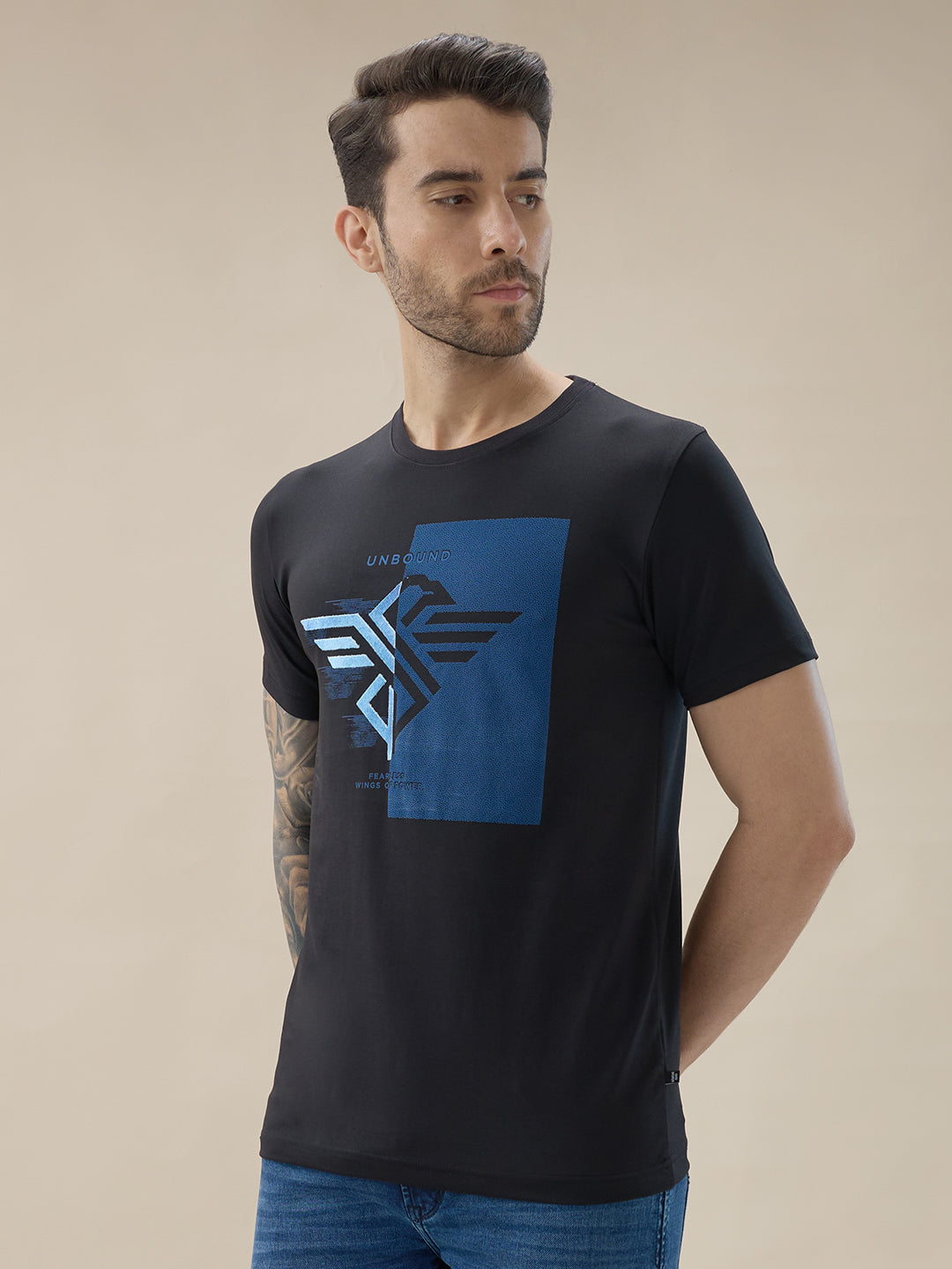 Men's Chest Brand Logo Graphic Print Round Neck Half Sleeve Regular Fit T-Shirt