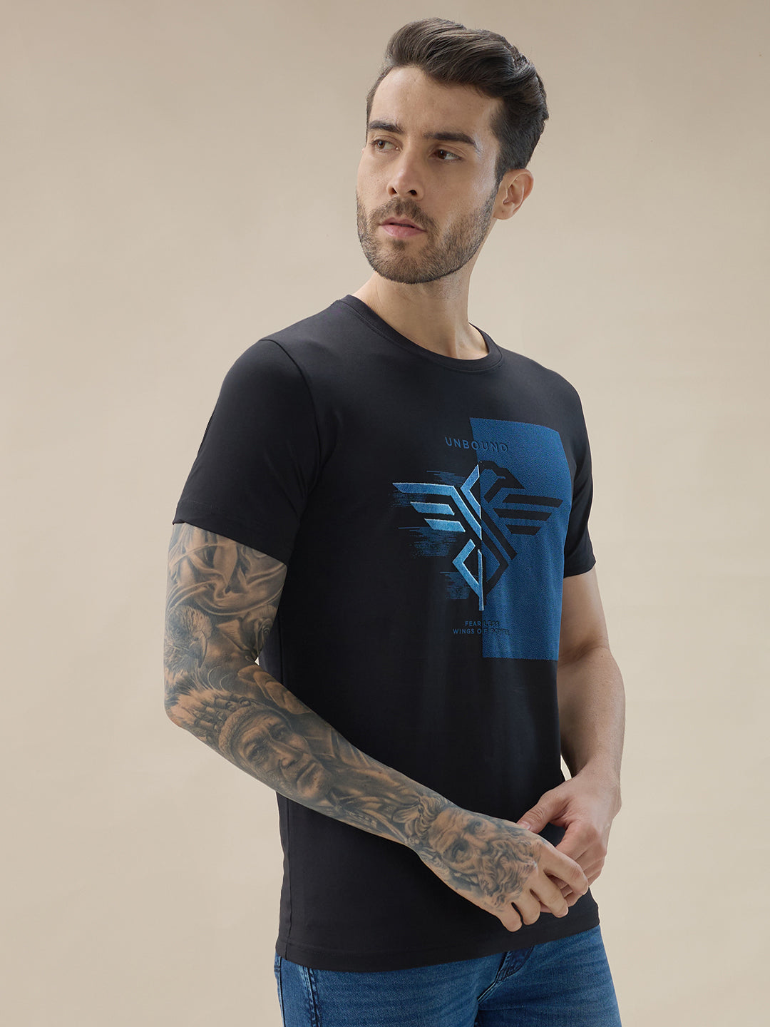 Men's Chest Brand Logo Graphic Print Round Neck Half Sleeve Regular Fit T-Shirt