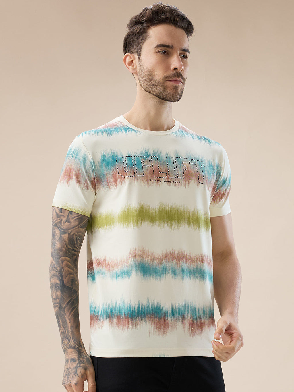 Mens Round Neck Half Sleeve Regular Fit Abstract Gradient Stripe T-Shirt