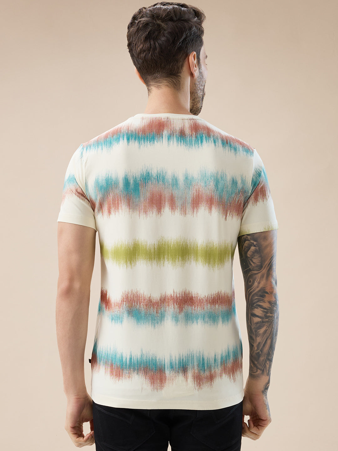 Mens Round Neck Half Sleeve Regular Fit Abstract Gradient Stripe T-Shirt