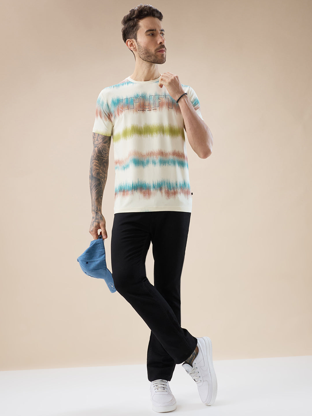 Mens Round Neck Half Sleeve Regular Fit Abstract Gradient Stripe T-Shirt