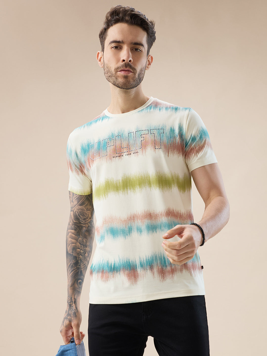 Mens Round Neck Half Sleeve Regular Fit Abstract Gradient Stripe T-Shirt