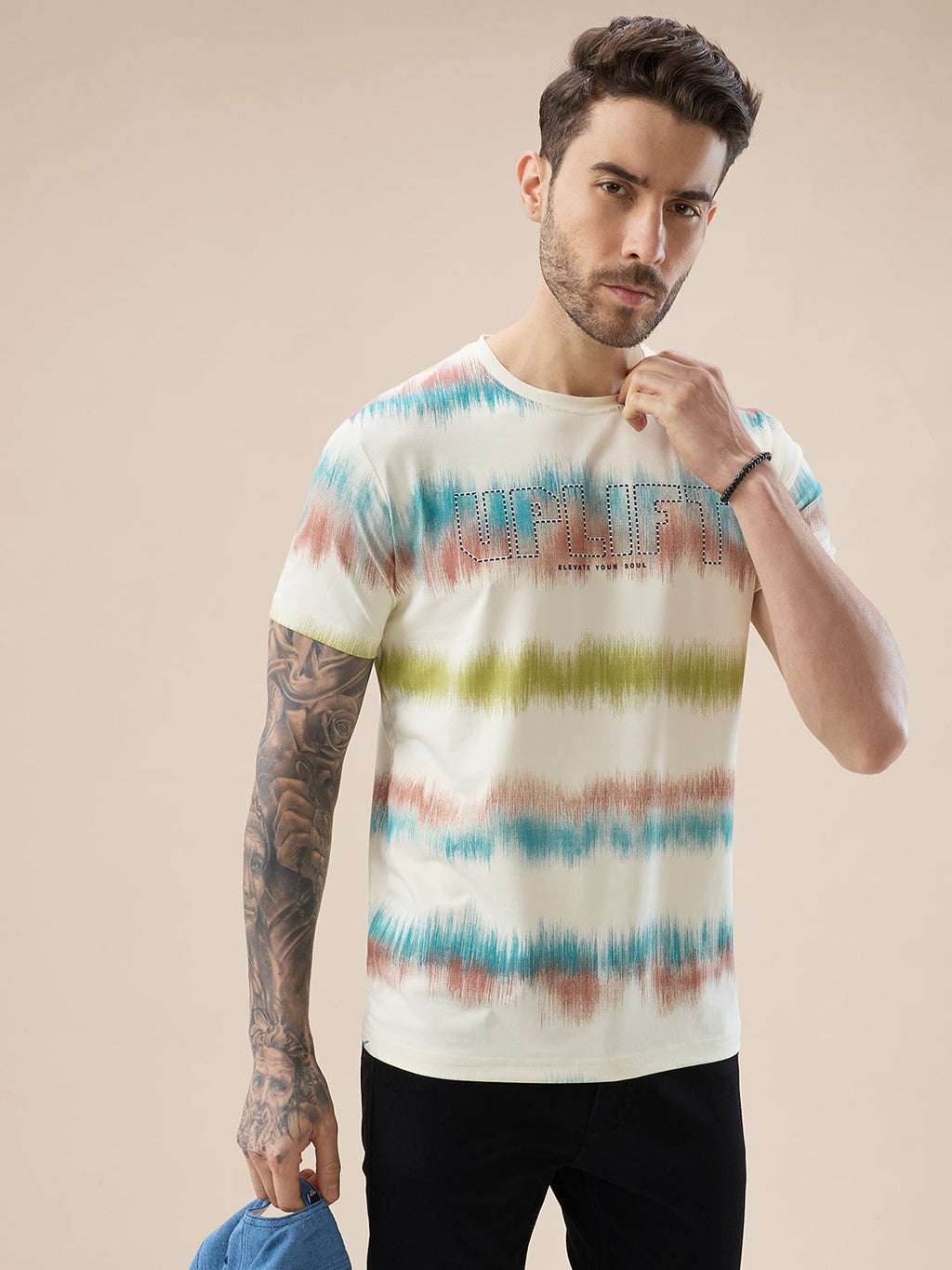 Mens Round Neck Half Sleeve Regular Fit Abstract Gradient Stripe T-Shirt
