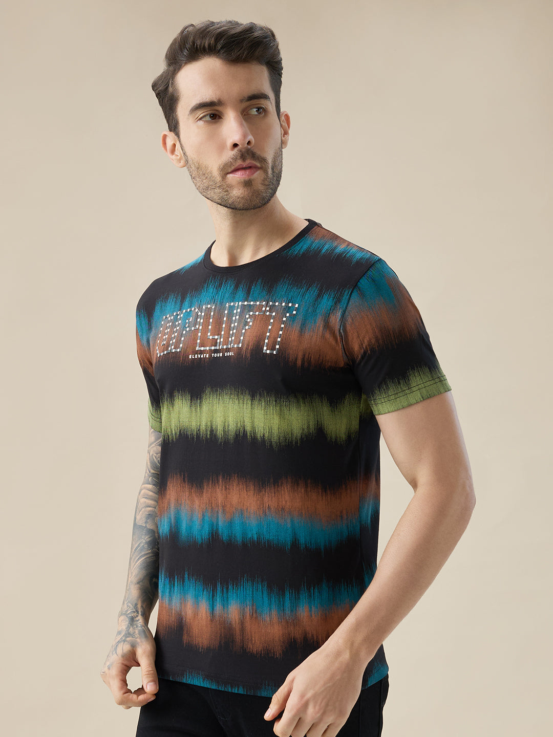 Men's Round Neck Half Sleeve Regular Fit Abstract Gradient Stripe T-Shirt Secondary image