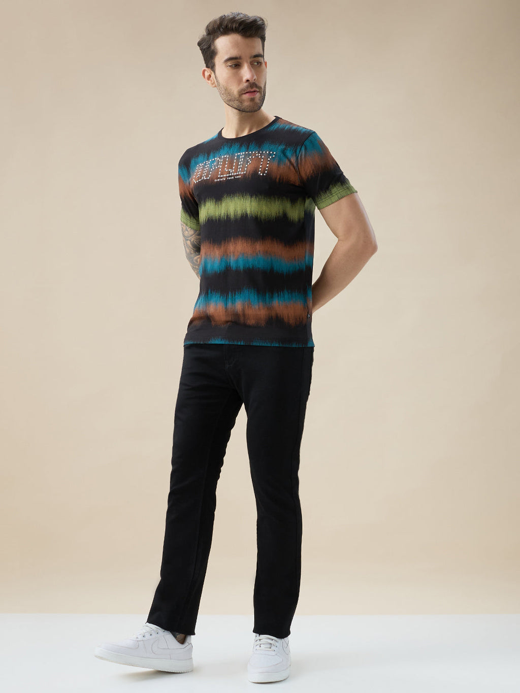 Men's Round Neck Half Sleeve Regular Fit Abstract Gradient Stripe T-Shirt