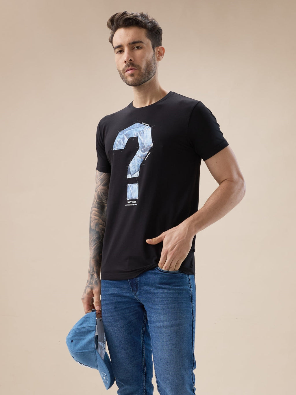 Mens Chest Typography Print Round Neck Half Sleeves T-Shirt