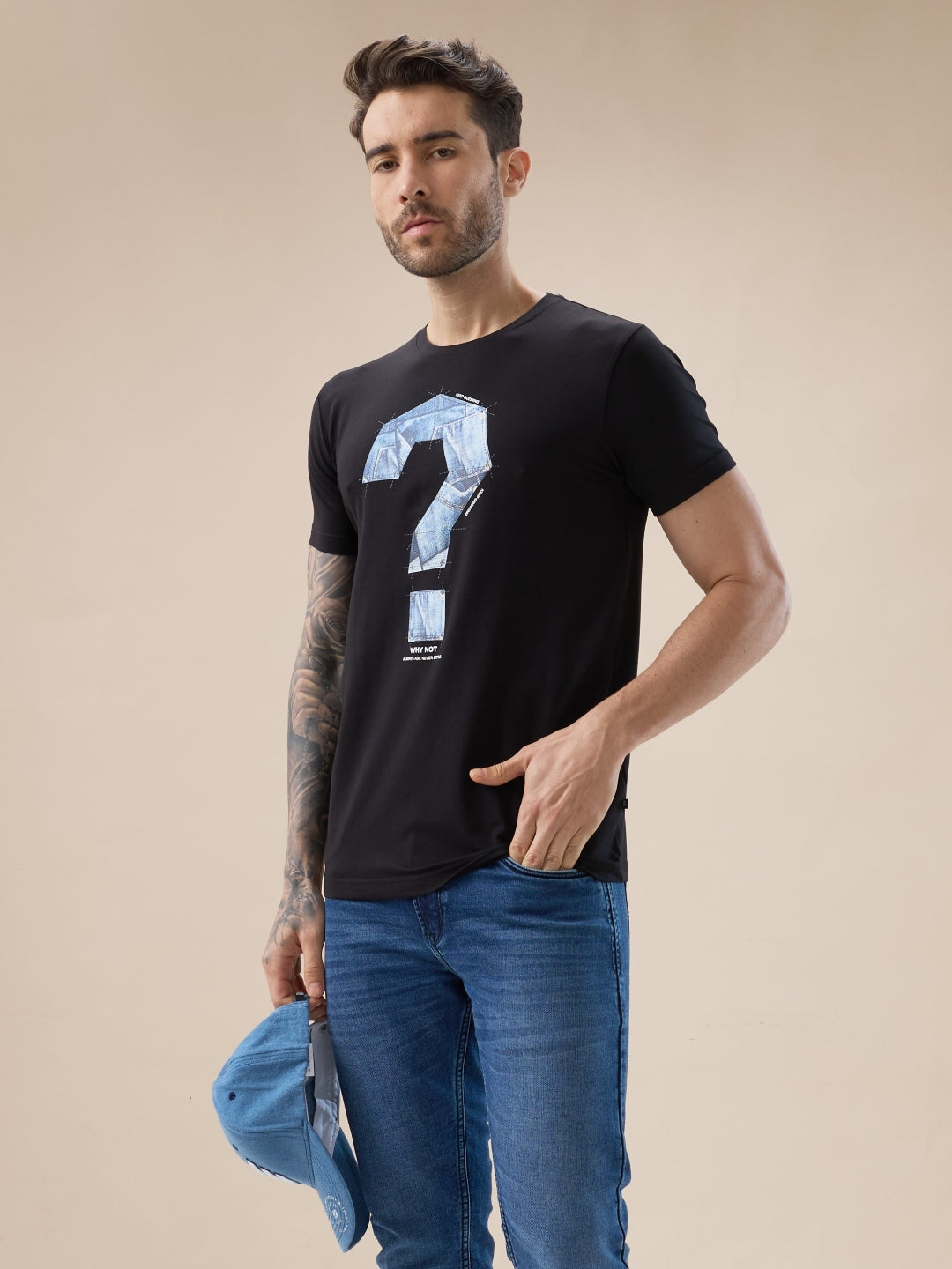 Mens Chest Typography Print Round Neck Half Sleeves T-Shirt