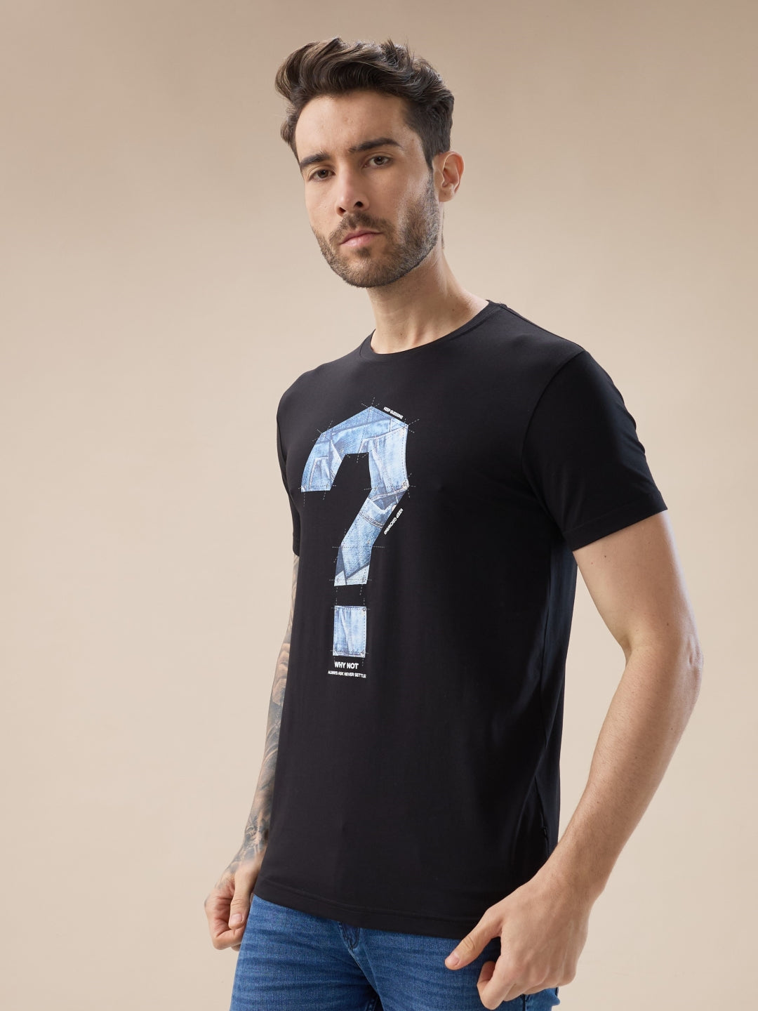 Mens Chest Typography Print Round Neck Half Sleeves T-Shirt