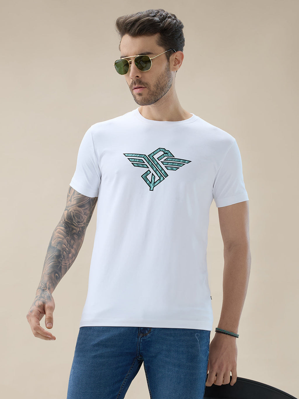Men's Chest Brand Logo Graphic Print Round Neck Half Sleeve Regular Fit T-Shirt
