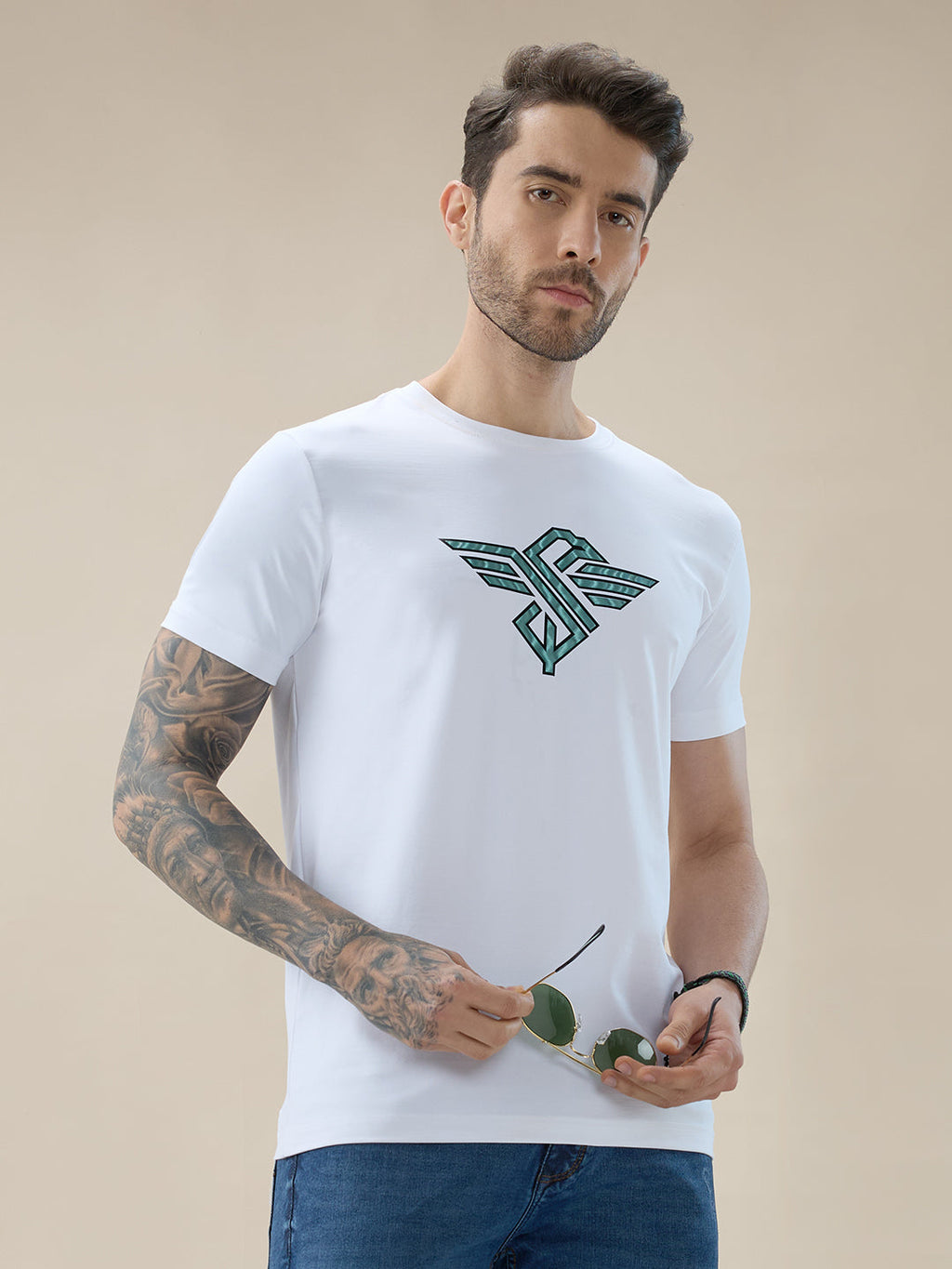 Men's Chest Brand Logo Graphic Print Round Neck Half Sleeve Regular Fit T-Shirt