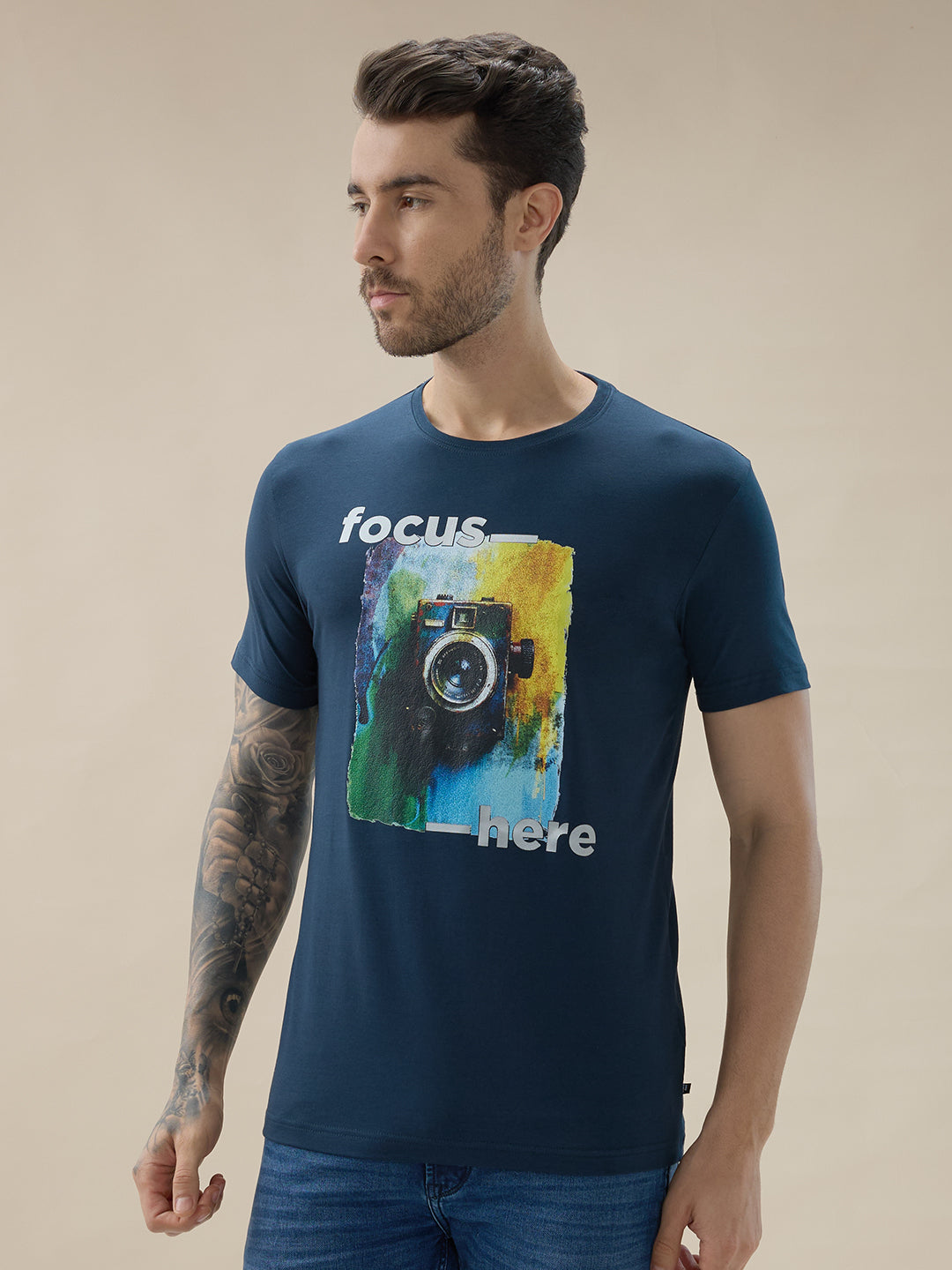 Men's Round Neck Half Sleeve Regular Fit Camera Graphic Print T-Shirt Secondary image