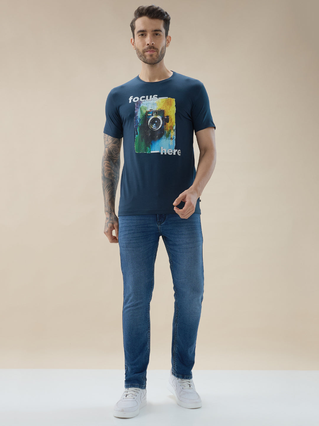 Men's Round Neck Half Sleeve Regular Fit Camera Graphic Print T-Shirt