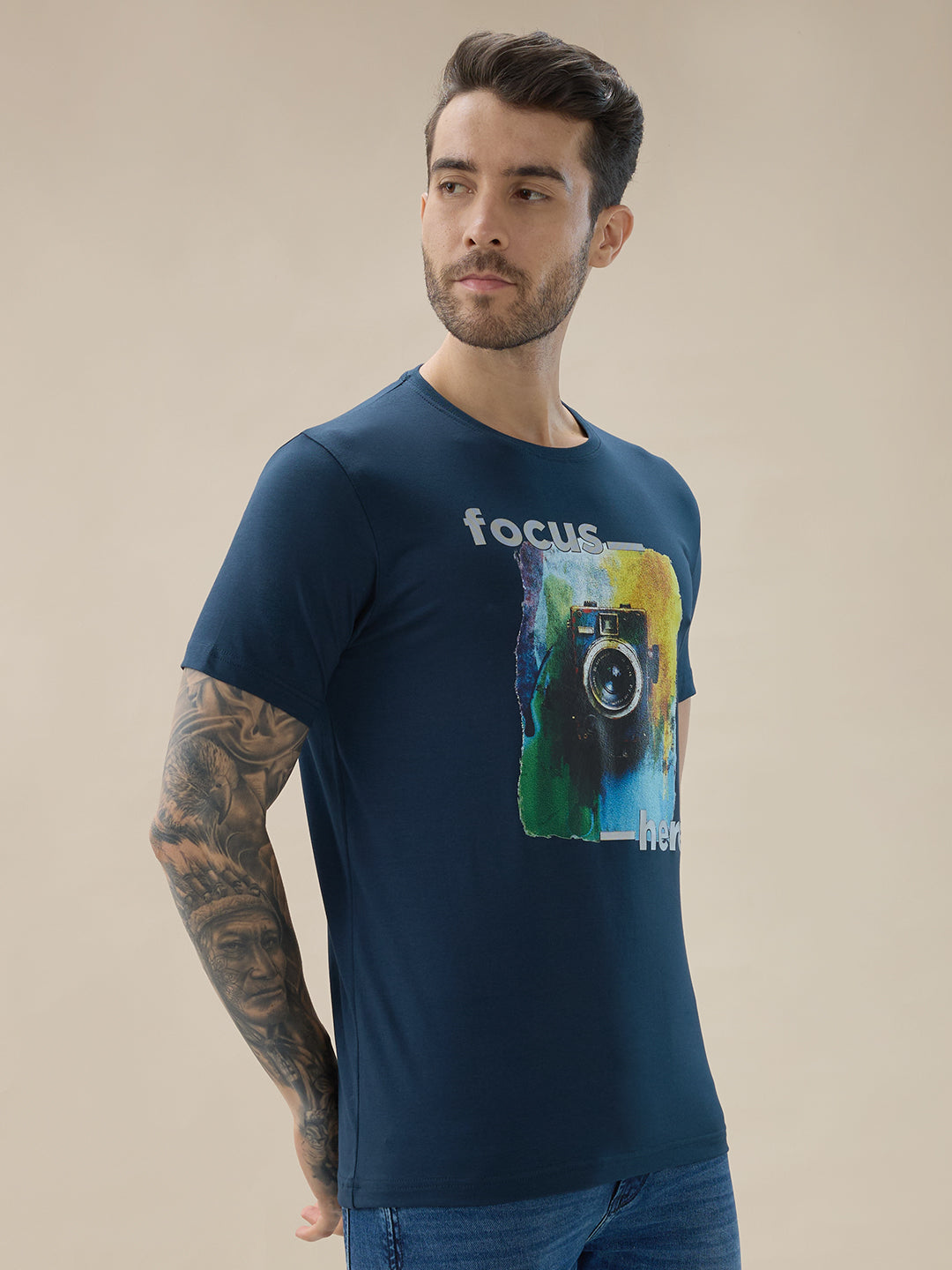 Men's Round Neck Half Sleeve Regular Fit Camera Graphic Print T-Shirt