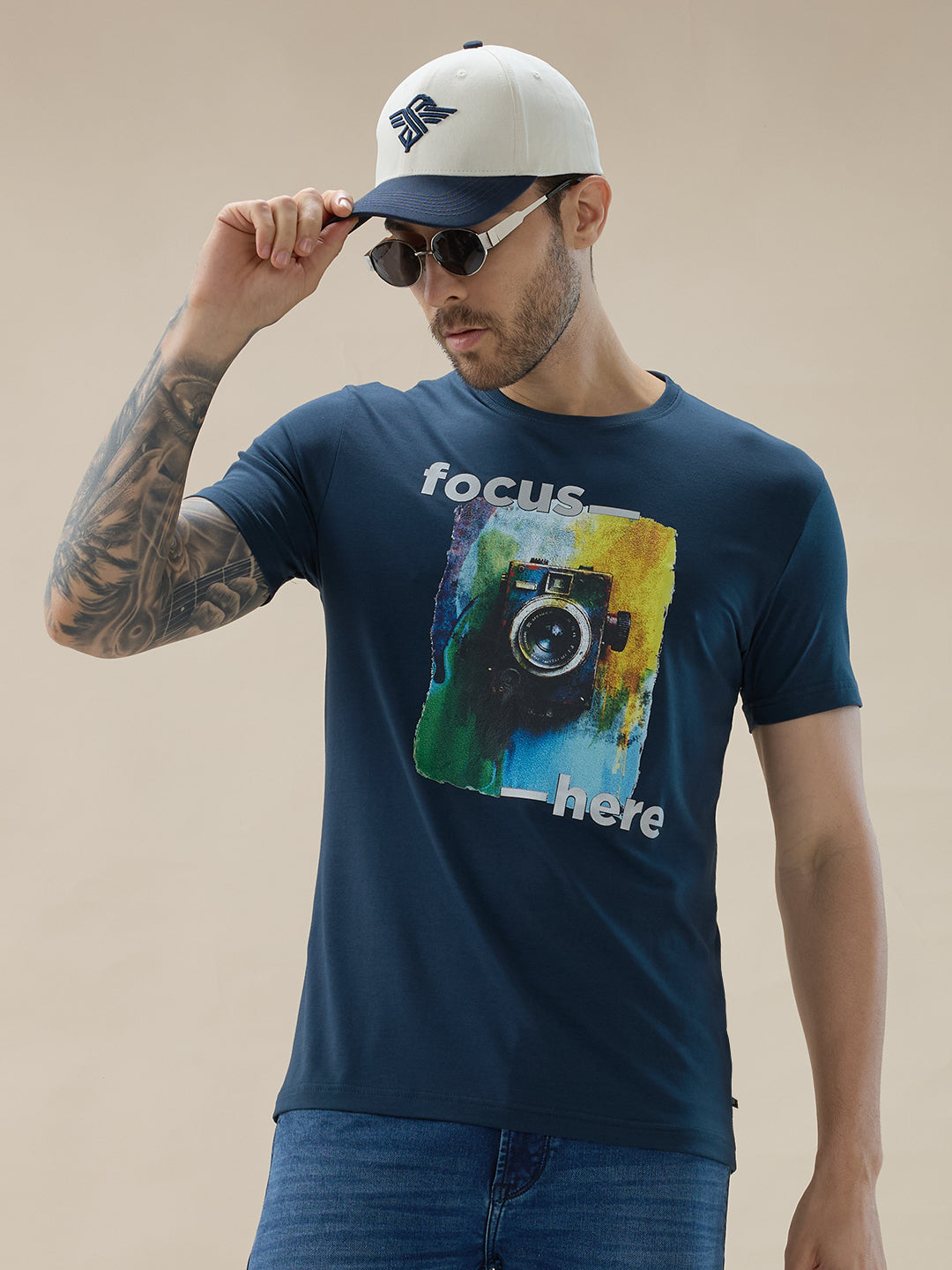 Men's Round Neck Half Sleeve Regular Fit Camera Graphic Print T-Shirt