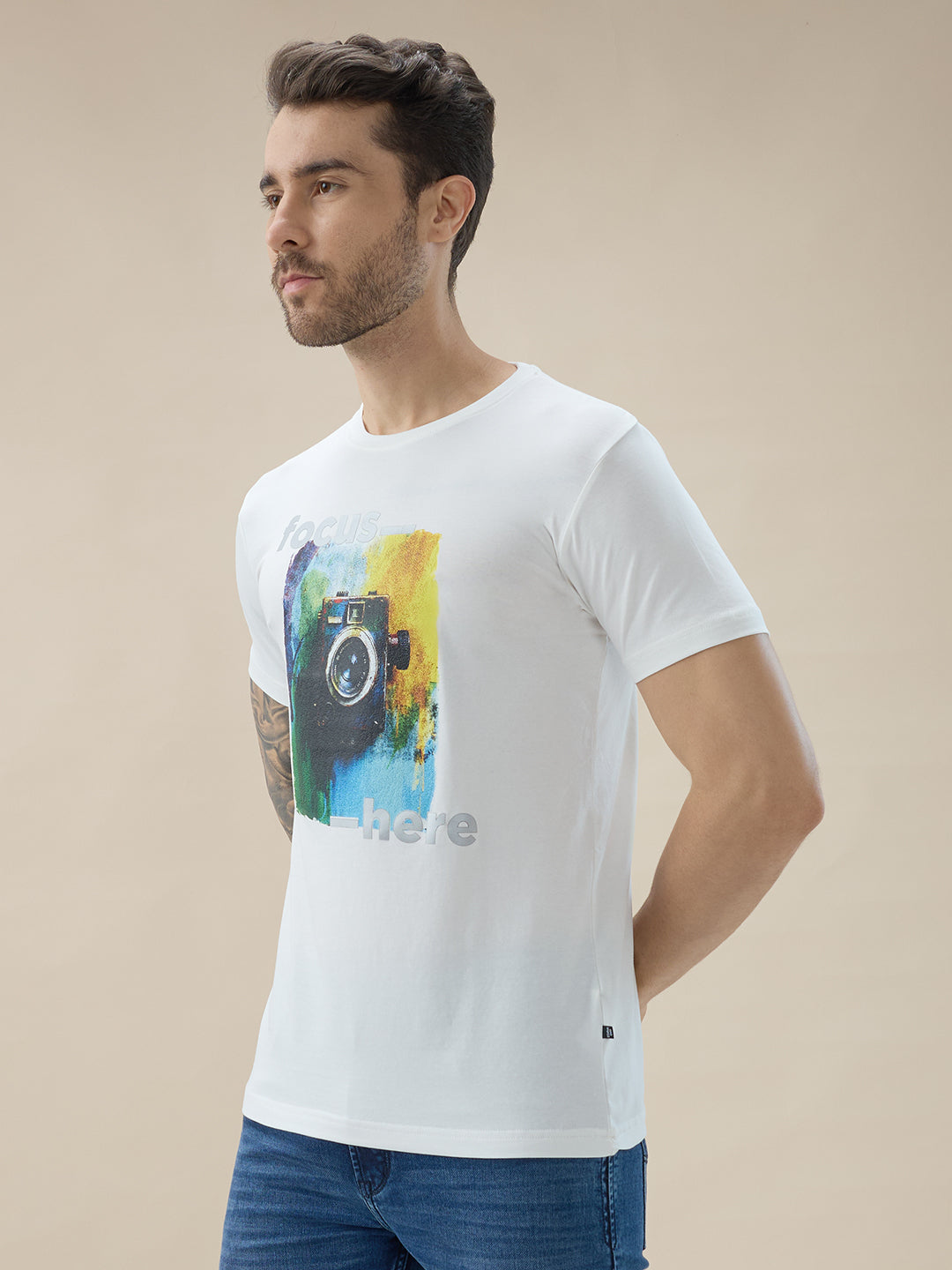 Men's Round Neck Half Sleeve Regular Fit Camera Graphic Print T-Shirt Secondary image
