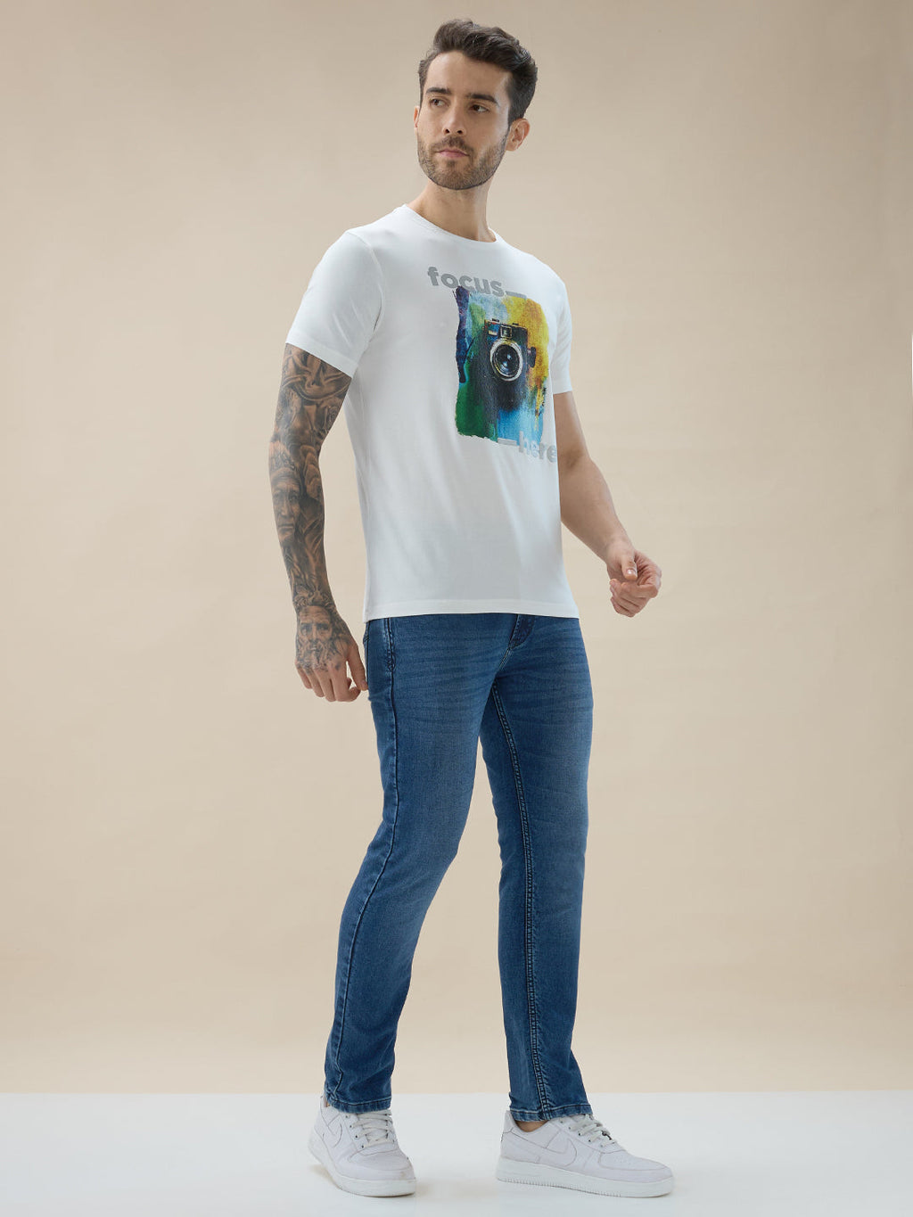 Men's Round Neck Half Sleeve Regular Fit Camera Graphic Print T-Shirt
