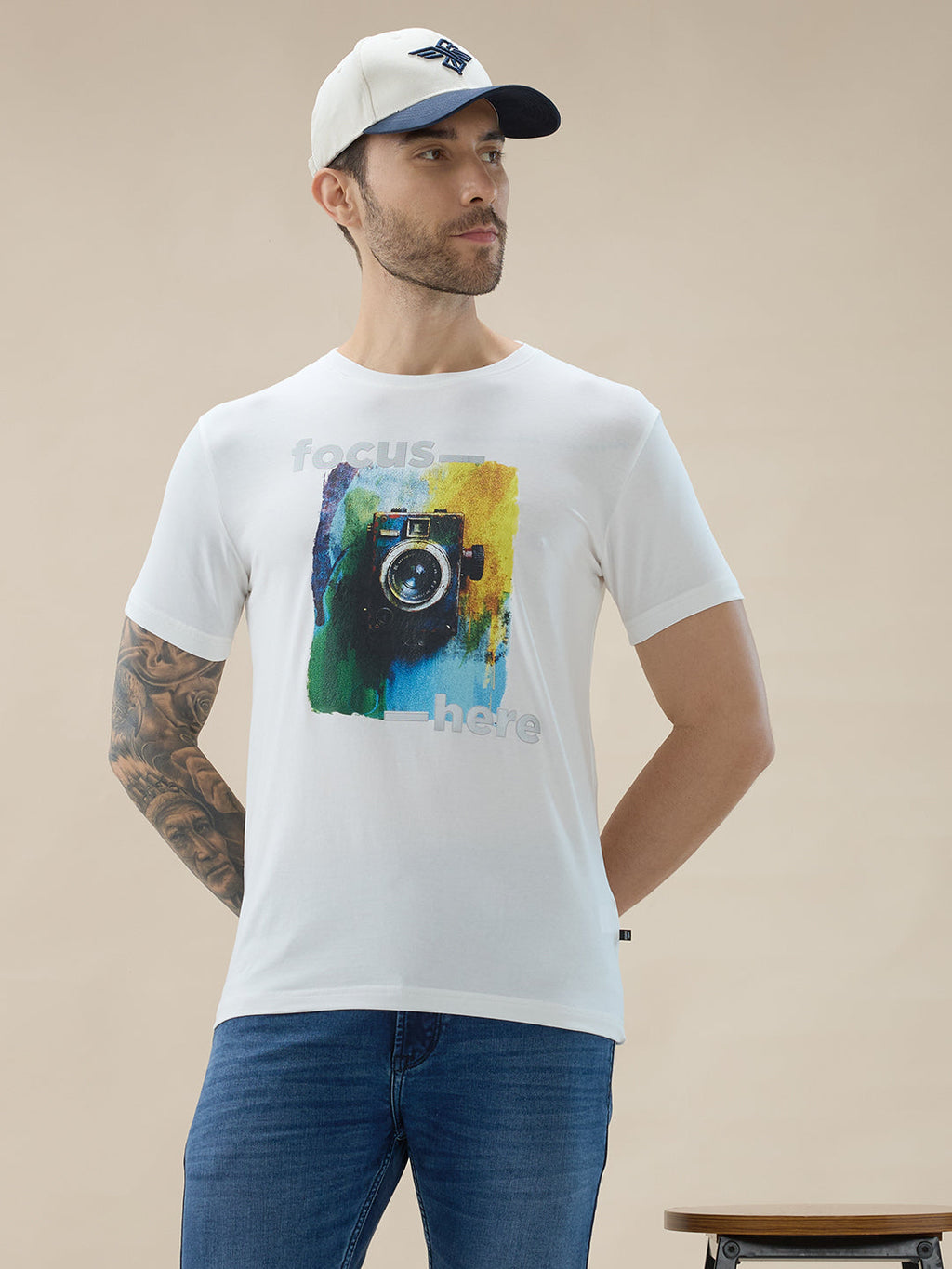 Men's Round Neck Half Sleeve Regular Fit Camera Graphic Print T-Shirt