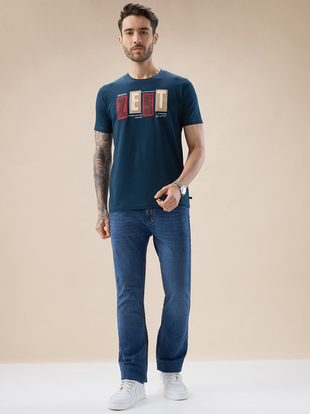 Men's Rubberized Typography Print Round Neck Regular Fit T-Shirt