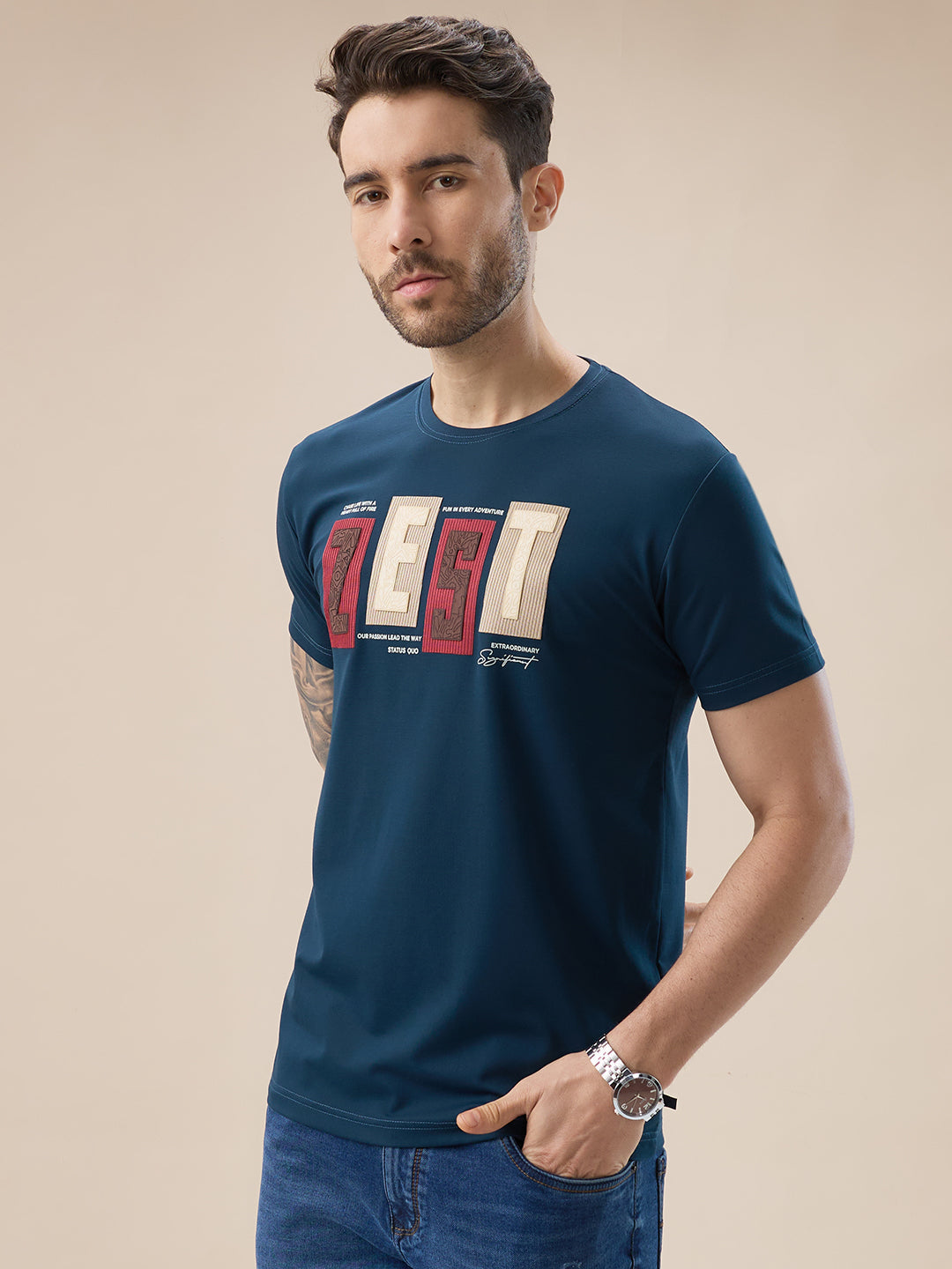 Men's Rubberized Typography Print Round Neck Regular Fit T-Shirt