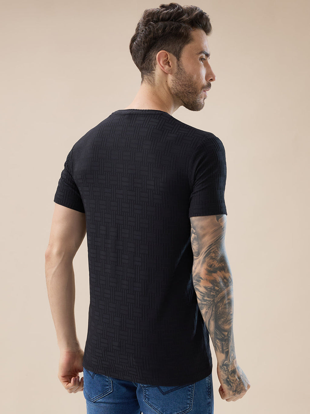 Men's Textured Typography Print Round Neck Regular Fit T-Shirt