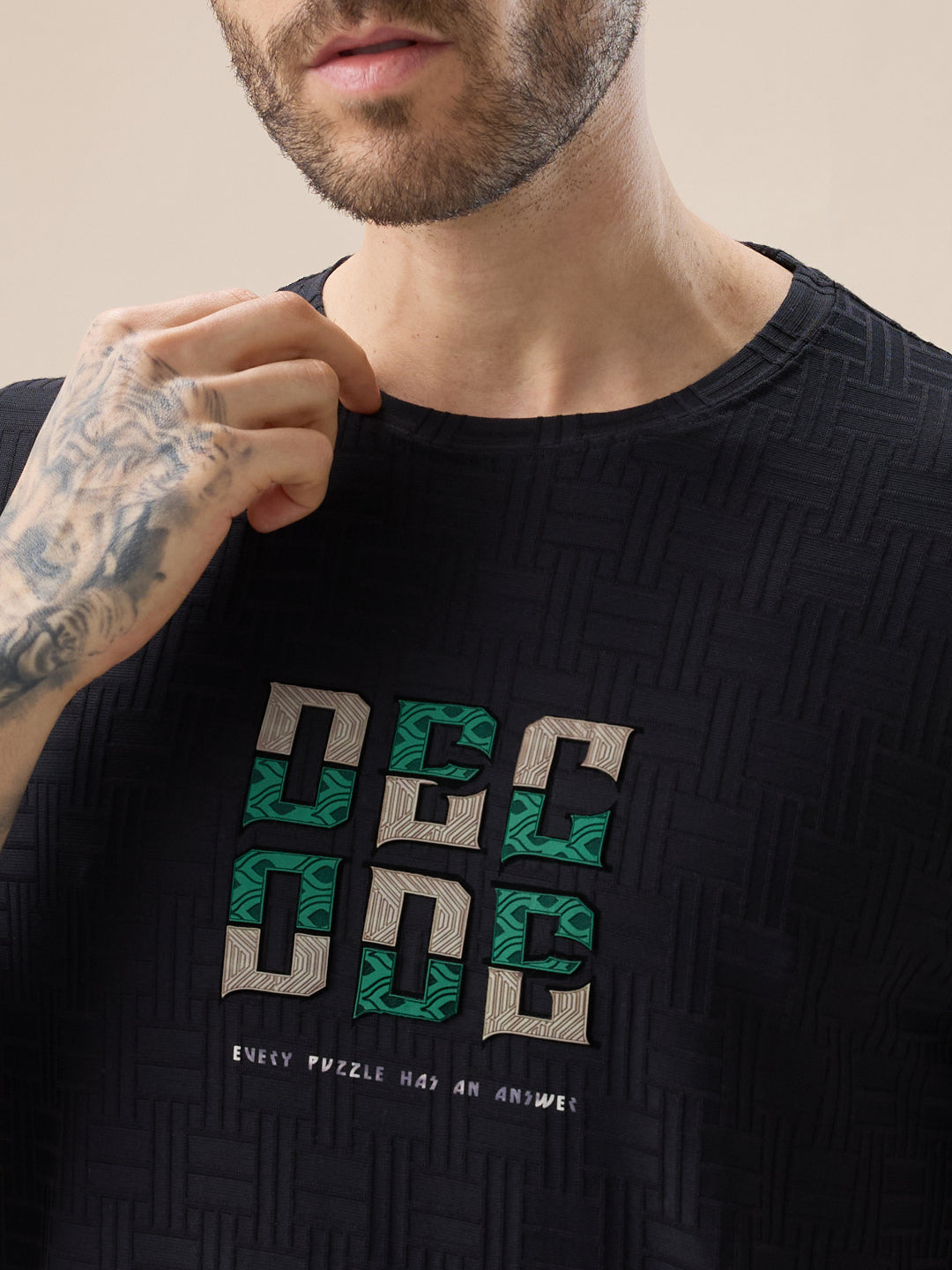 Men's Textured Typography Print Round Neck Regular Fit T-Shirt