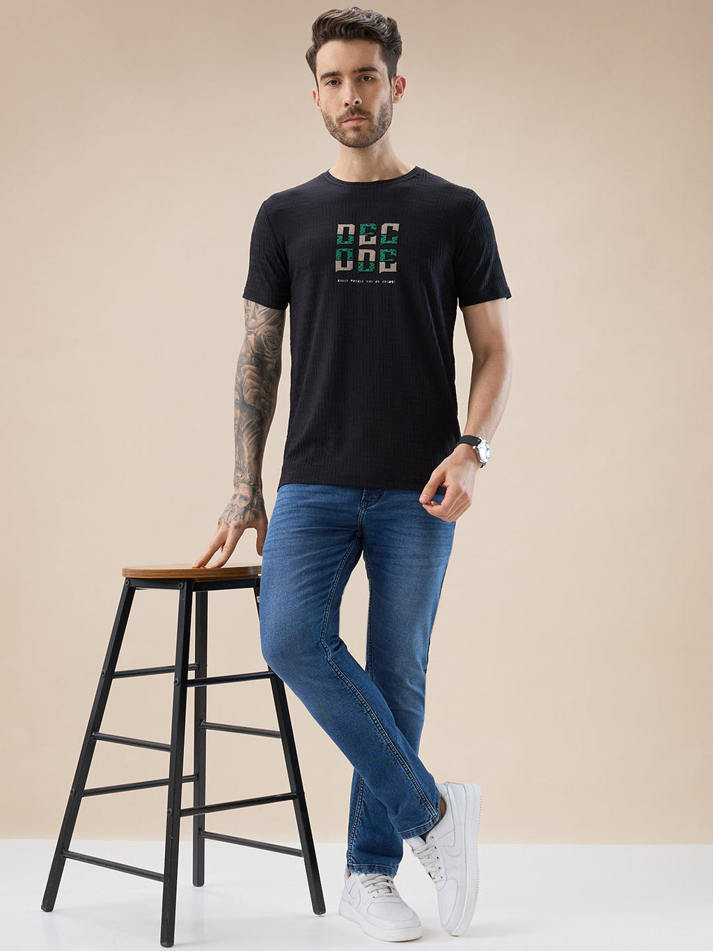 Men's Textured Typography Print Round Neck Regular Fit T-Shirt