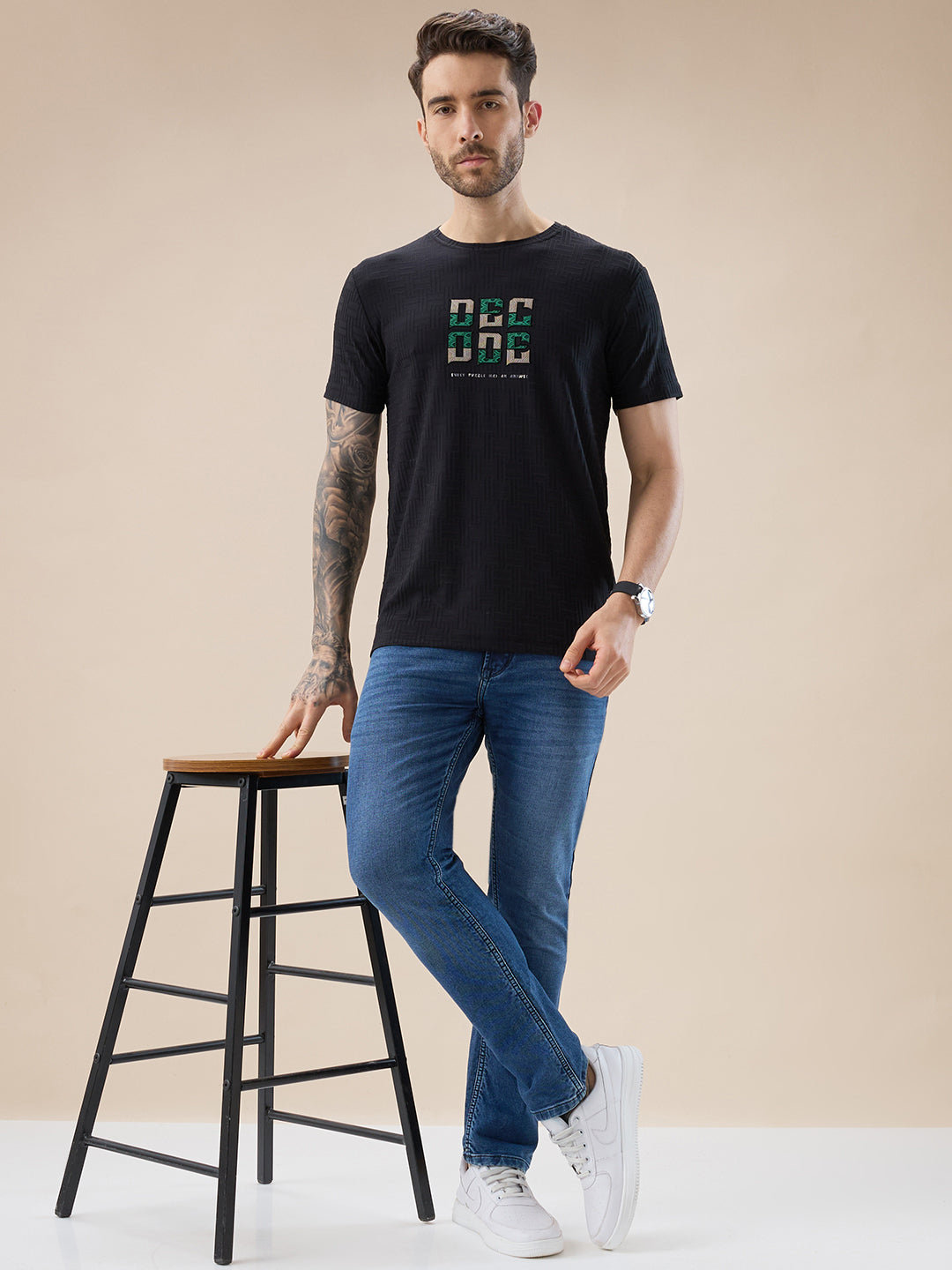 Men's Textured Typography Print Round Neck Regular Fit T-Shirt