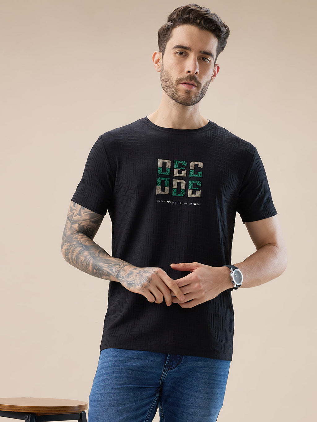 Men's Textured Typography Print Round Neck Regular Fit T-Shirt