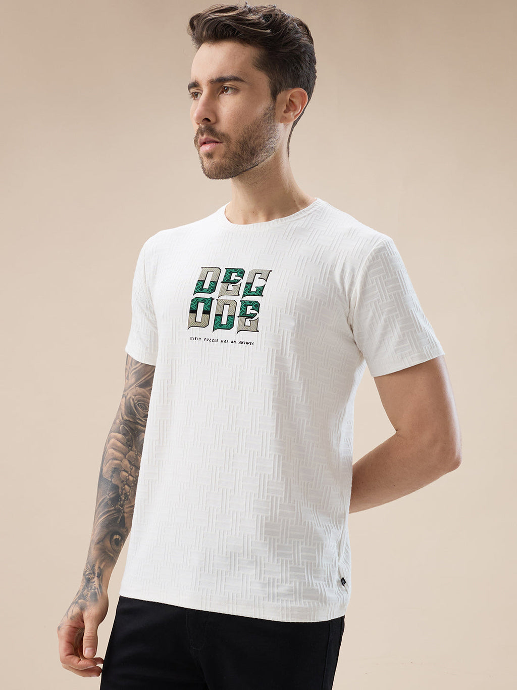 Mens Textured Typography Print Round Neck Regular Fit T-Shirt