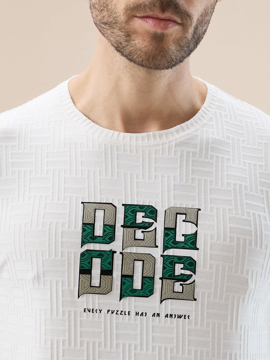 Mens Textured Typography Print Round Neck Regular Fit T-Shirt