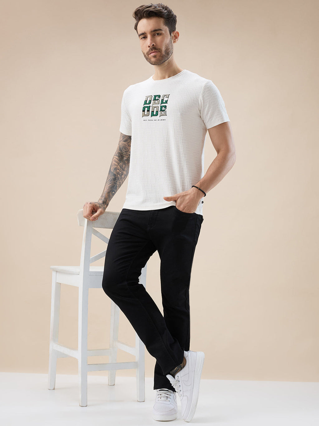 Mens Textured Typography Print Round Neck Regular Fit T-Shirt