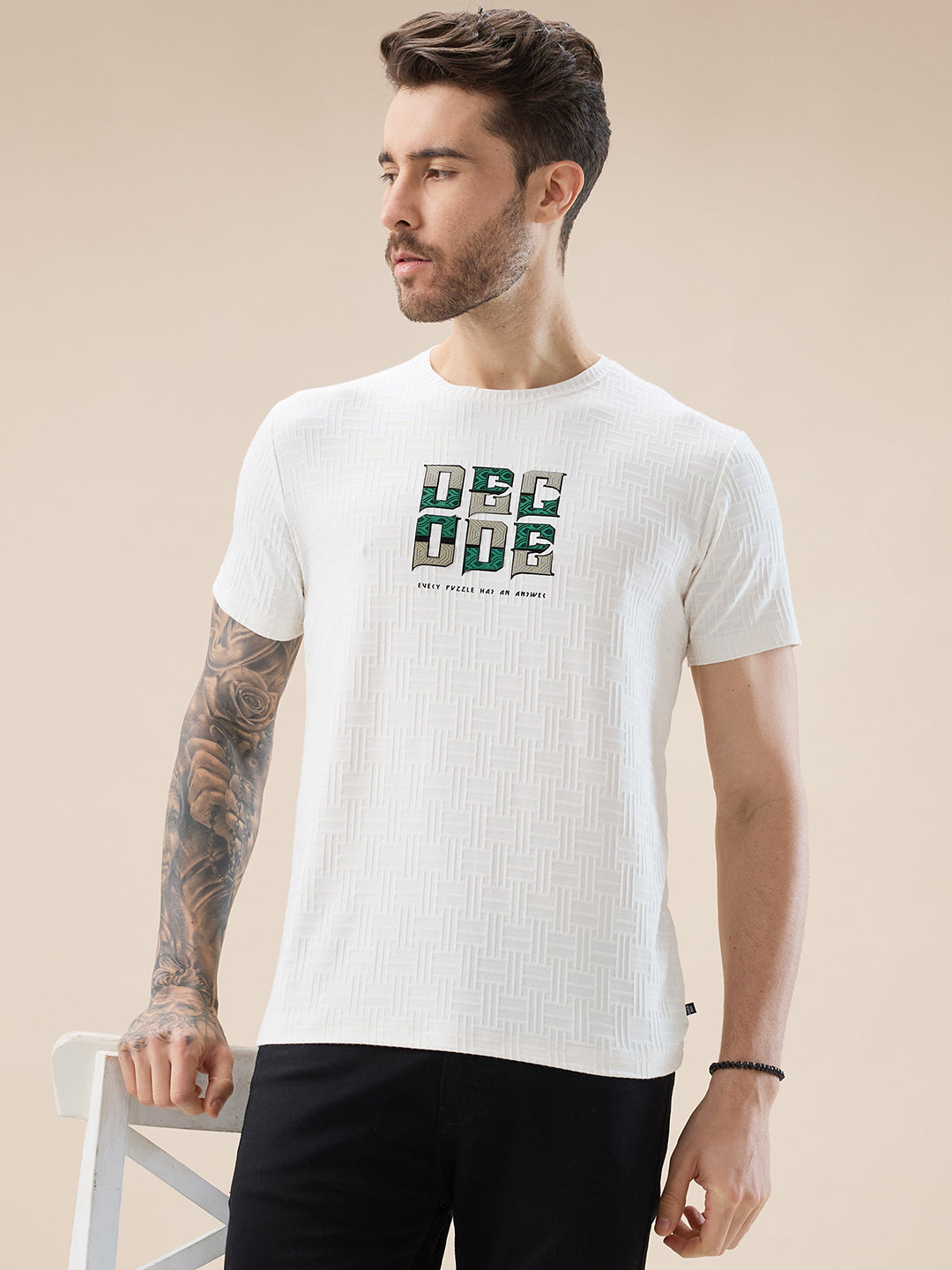 Mens Textured Typography Print Round Neck Regular Fit T-Shirt