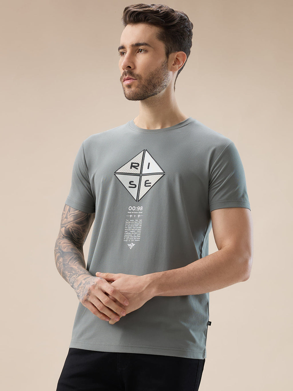 Mens Applique Typography Print Round Neck Regular Fit T-Shirt