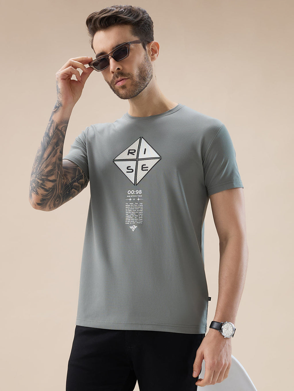 Mens Applique Typography Print Round Neck Regular Fit T-Shirt