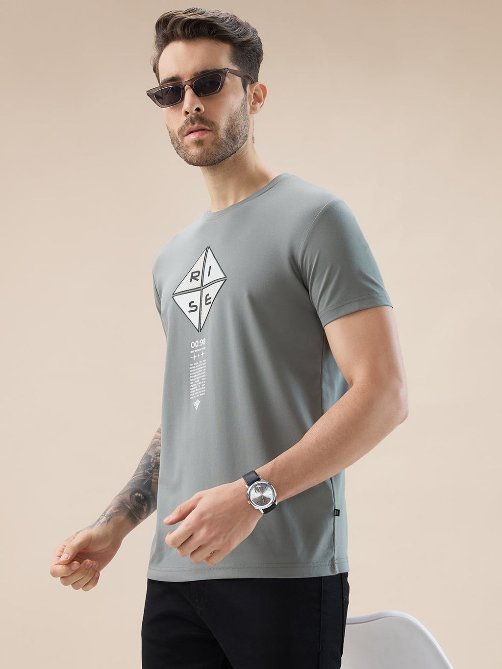 Mens Applique Typography Print Round Neck Regular Fit T-Shirt